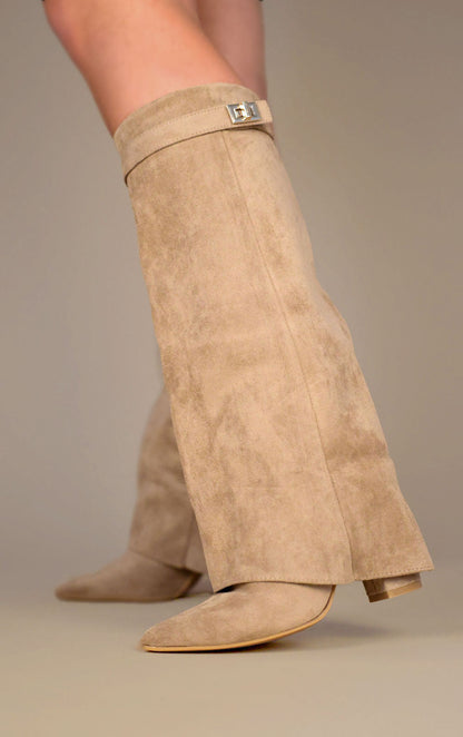 Shark Boots - Taupe Faux Suede Fold-Over Knee-High with Classic Buckle