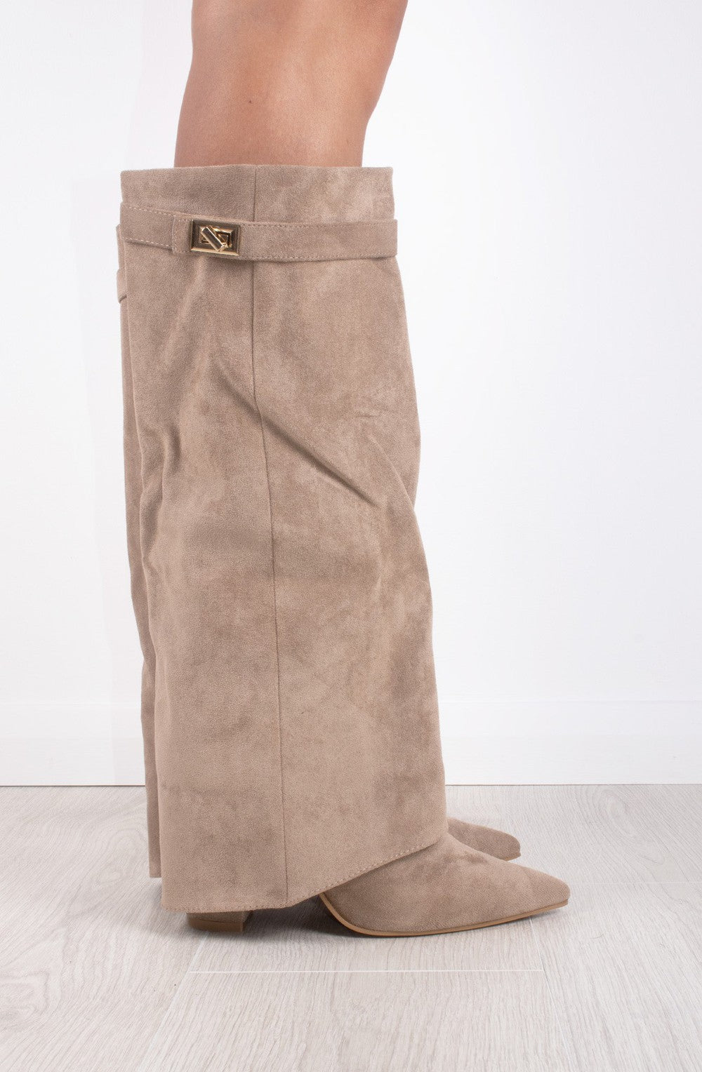 Shark Boots - Taupe Faux Suede Fold-Over Knee-High with Classic Buckle