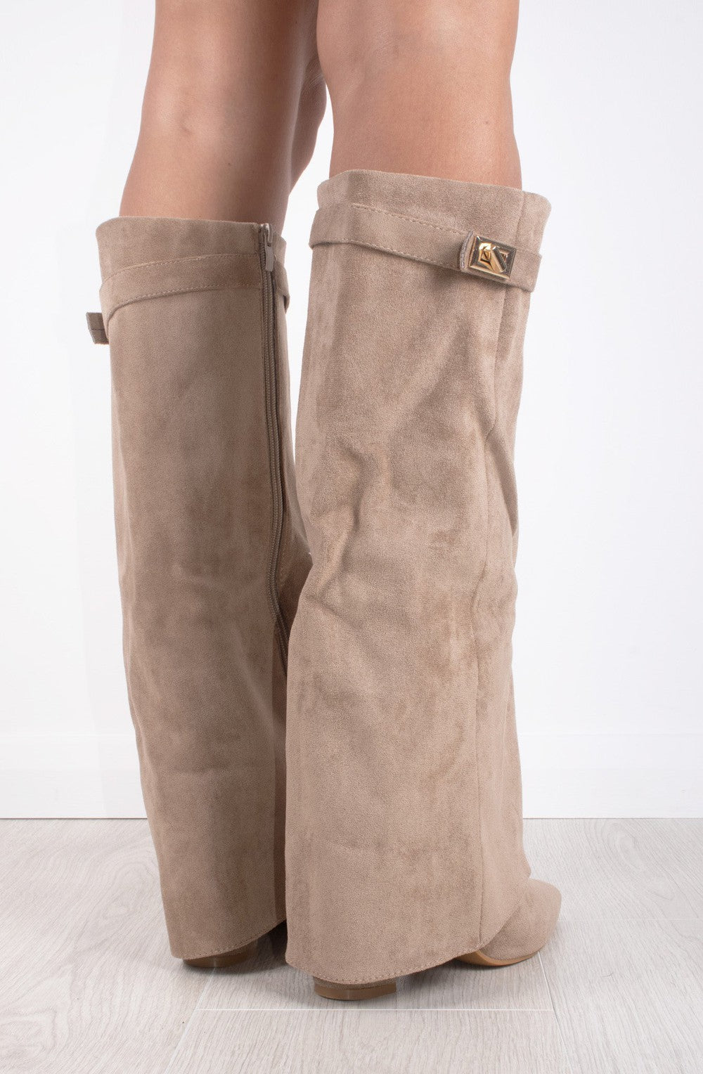 Shark Boots - Taupe Faux Suede Fold-Over Knee-High with Classic Buckle