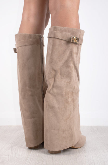 Shark Boots - Taupe Faux Suede Fold-Over Knee-High with Classic Buckle